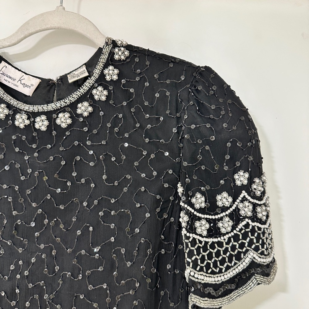 Laurence Kazar Beaded Silk Blouse Womens Medium Black Pearl Sequin Evening Top‎